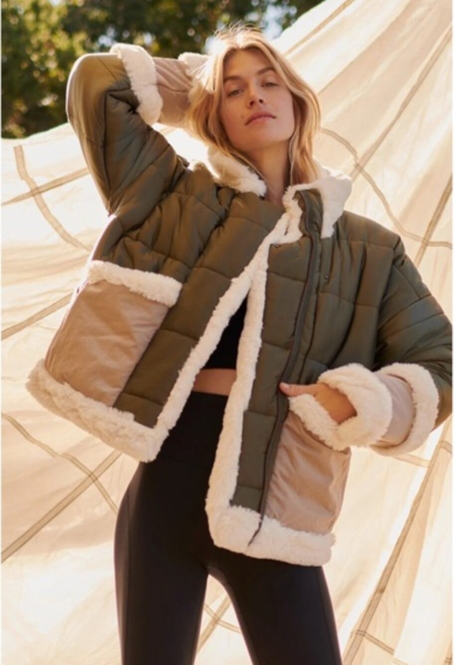 NEW Free People Movement Green Brown Coco Reversible Puffer Faux Fur Jacket Sz L